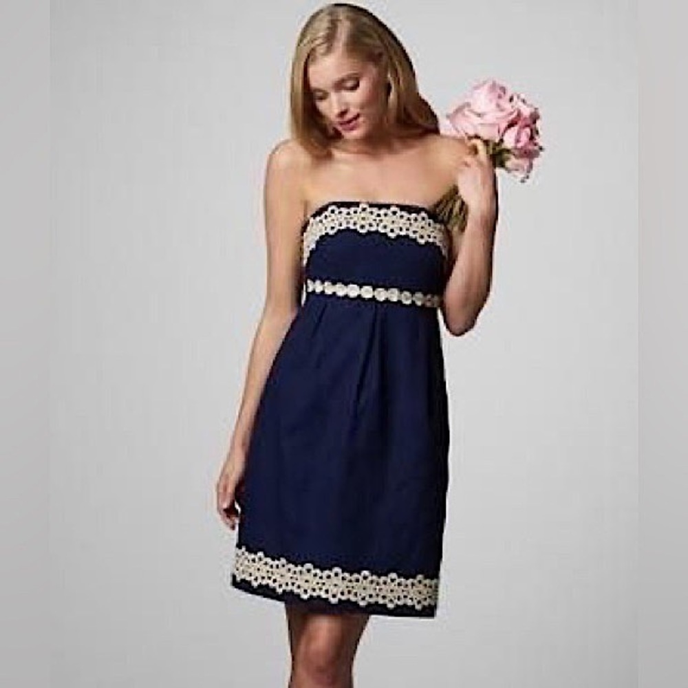 LILLY PULITZER BETSEY JACQUARD FLORAL LACE NAVY GOLD STRAPLESS MINI DRESS